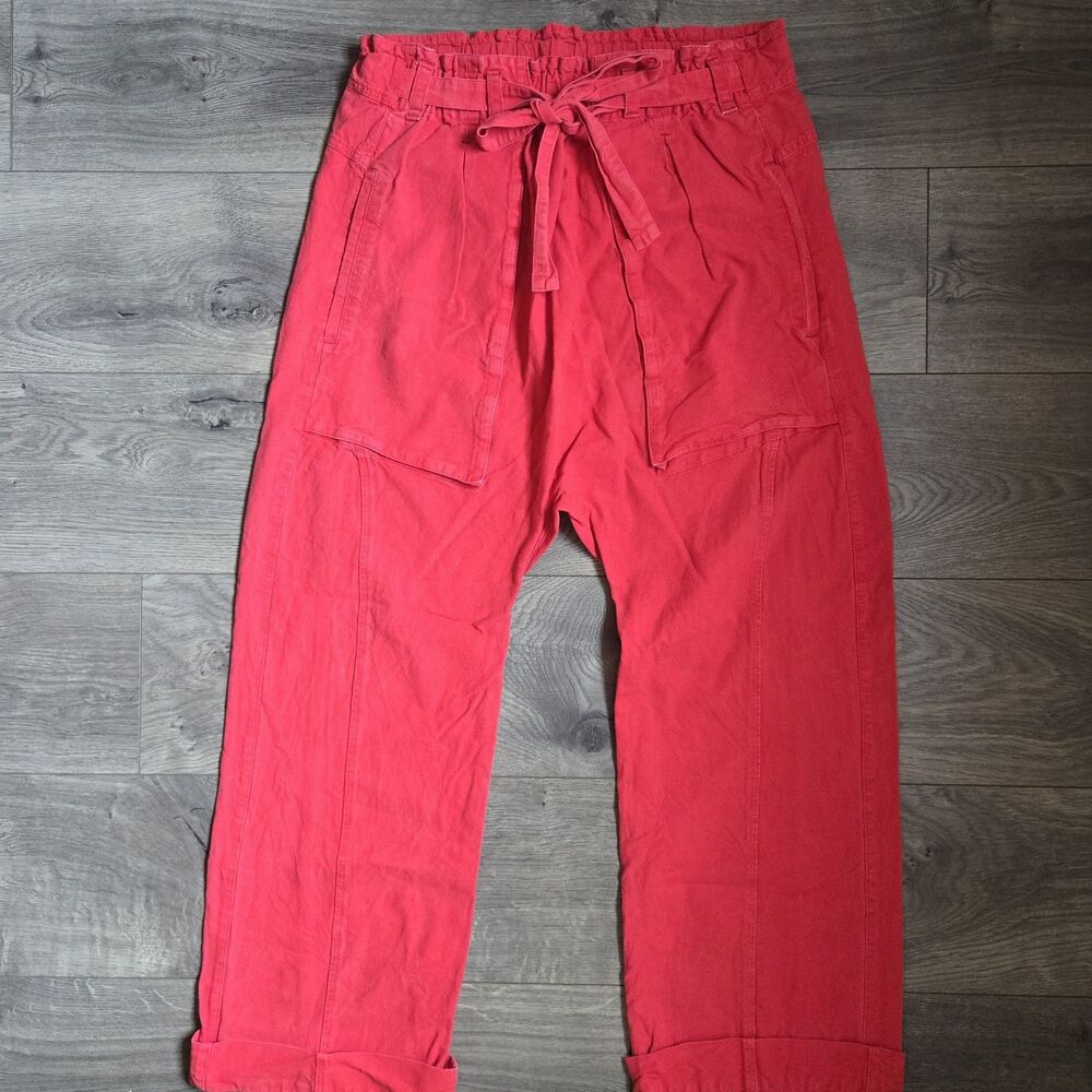 Free People Sky Rider Pant Medium Red Linen Cotton Paperbag Waist Wide Leg Boho